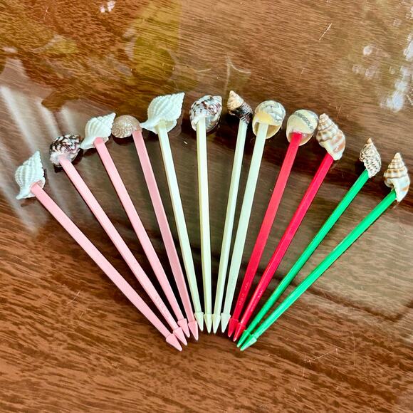 Set of 12 Vintage Shell Drink Picks – Coastal Tiki Party Seashell Cocktail Picks - Picture 10 of 11